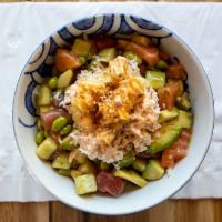 King Poke Bowl · Salmon, tuna, tempura shrimp, snow crab meat, cucumber, edamame and avocado.