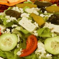 Greek Salad · 479 calorie. Vegetarian. Murphy's favorite. Romaine hearts, tomatoes.cucumbers, Feta cheese,...
