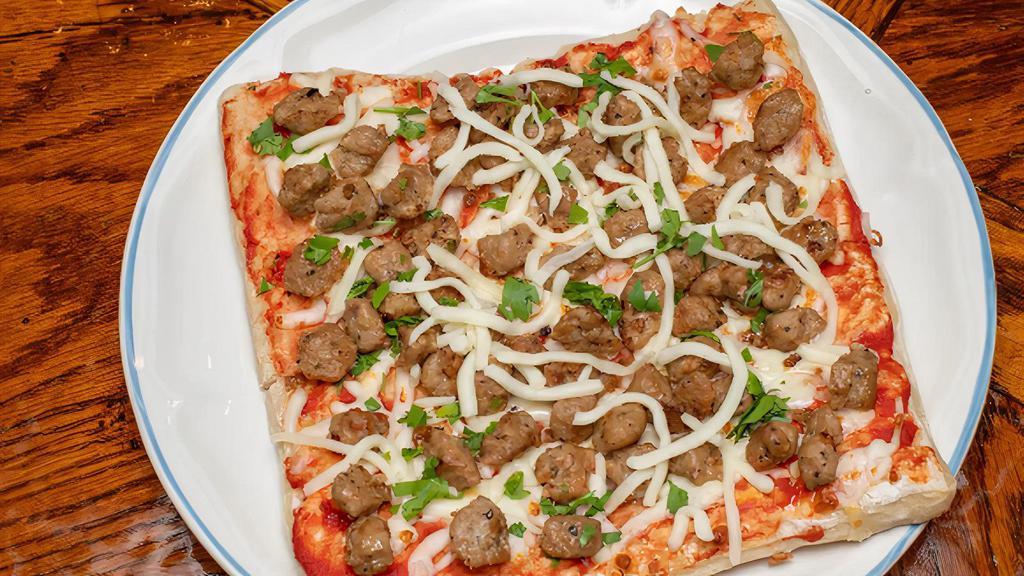 Italian Sausage Pizza · Italian sausage, onions, and mozzarella cheese.
