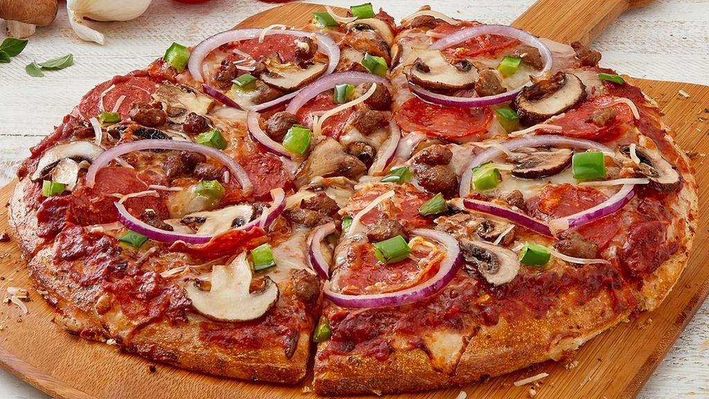 Supreme Pizza · pepperoni | Italian sausage | mushrooms | green peppers | red onions | mozzarella | parmesan | marinara.