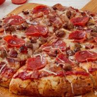 Meaty Pizza · mozzarella | parmesan | pepperoni | bacon | Italian sausage | marinara.