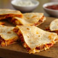 Quesadillas · Grilled flour tortillas stuffed with shredded monterey jack, Cheddar cheeses, poblano pepper...