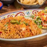 Arroz Con Pollo · Feeds 5-6! 1 tray of Chicken & Rice. Comes with Mexican Rice, Refried Beans, Chips, Queso, &...