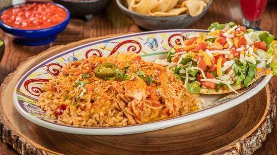 Arroz Con Pollo · Feeds 5-6! 1 tray of Chicken & Rice. Comes with Mexican Rice, Refried Beans, Chips, Queso, & Salsa.