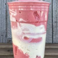 Strawberry Cheesecake · Freshly blended Strawberry Smoothie surrounded in our Camo Brûlée *contains dairy