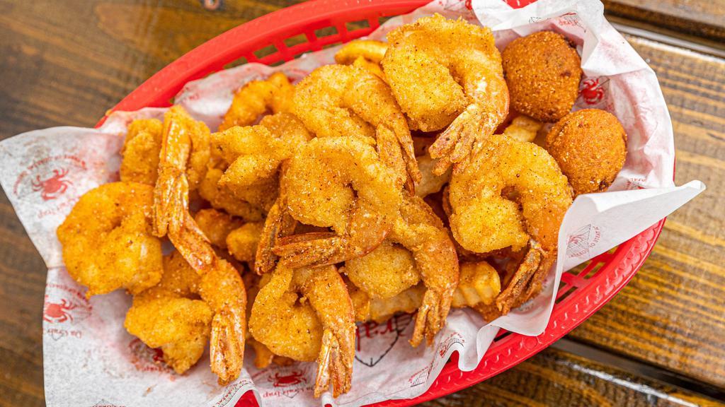 Fried Shrimp Basket · Basket includes: shrimp, fries and hush puppy.