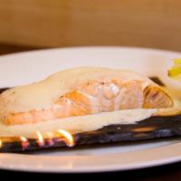 Cedar Plank Salmon · Sauce Beurre blanc, served with your choice of homemade soup of the day or a crisp green din...