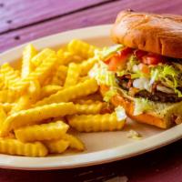 Cheeseburger · Served with lettuce, tomato, onions, mayonnaise, ketchup, pickles, mustard, and French fries.