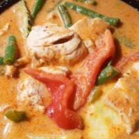 Red Curry · Choice of protein; Red curry with coconut milk, bamboo shoot, zucchini, basil, bell pepper. ...