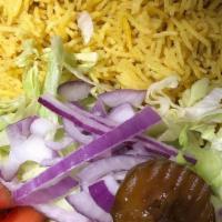 Side Of Rice · Basmati rice with salad lettuce, tomato, cucumbers, red onion, pickles, tzatziki sauce, and ...