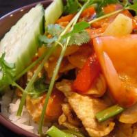 Priew Wan · Thai-style sweet and sour bell pepper, carrots, green onions, Pineapple, tomatoes, and yello...
