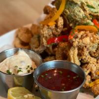 Mediterranean Calamari · Lightly Fried Calamari, Shishito Peppers, Fennel, and Onion. Served with Sweet Chili sauce a...