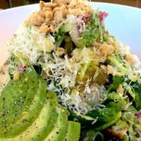 Brussels Sprout Salad · Roasted chicken, brussels sprout leaves, manchego, golden raisins, chopped egg, house vinaig...