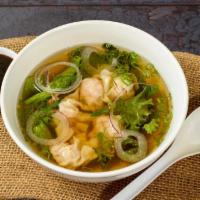 Wonton Soup · Steamed wonton mixed with pork inside topped with green onions & served with beef broth .