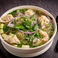 *Wonton Phở · Noodle soup with WONTON. Soups are served with a plate of bean sprouts, fresh basil, sliced ...