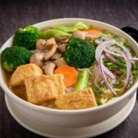 Vegetarian Phở · Delisous Vegetarian veggies Soup consisting of broth, phở noodles, mushrooms, broccoli, carr...