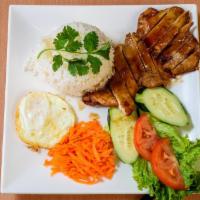 Grilled Chicken White Rice · Honey Grilled Chicken Glaze with steamed rice, lettuces , tomato, cucumbers, and pickle carr...