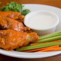 Wings · 6 wings: with carrots, celery, and ranch choose hot, sticky sweet, garlic-parm, bbq, lemon p...