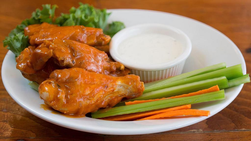 Wings · 6 wings: with carrots, celery, and ranch choose hot, sticky sweet, garlic-parm, bbq, lemon pepper, or naked.
