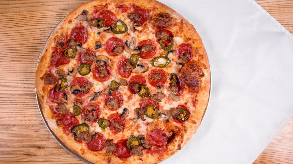 Brooklyn Bomber Pizza (Medium) · Our Brooklyn is topped with fresh garlic, jalapenos, mozzarella cheese, mushrooms, pepperoni, pizza sauce, sausage.