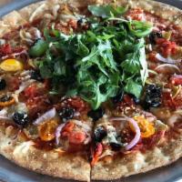 Vegan Pizza · Vegan cheese, artichokes, roasted red peppers, red onion, black olives, tomato, and arugula.