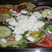 Greek Salad · Lettuce topped with feta cheese, kalamata olives, red onion, green bell pepper, tomato, cucu...