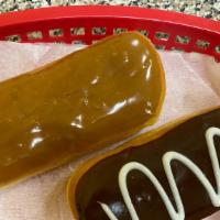 Eclair · Chocolate or maple filled with Bavarian cream.