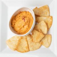 Roasted Red Pepper Humus & Pita Bread · Creamy, Smoky, Sweet Roasted Red Pepper, Chickpeas and Tahini with Pita Bread