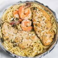 Chicken & Shrimp · Sauteed chicken breast with shrimp, mushrooms & artichokes in a scampi sauce over angel hair...