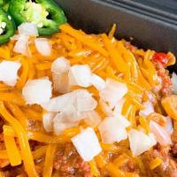 Yum Yum Frito Pie · Filipino Style Frito Pie.  Topped with mild cheddar cheese, onions, jalapeno slices