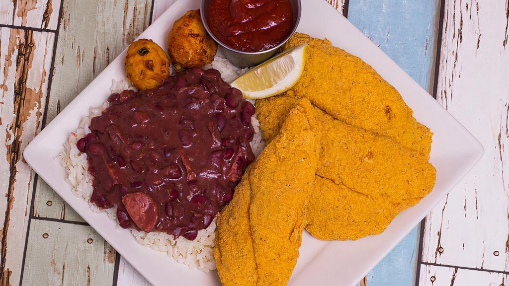 Togo Fried Fish Friday · Fried Fish Friday! Fried Fish, Red Beans & Rice, Hush Puppies and your choice of Dipping Sauce.