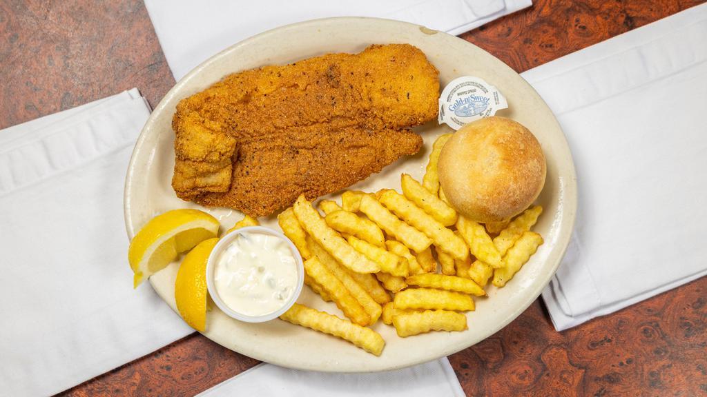 Fried Catfish · Lightly breaded whole catfish filet golden fried. Served with tartar sauce, red onion, lemon wedges, fries and a dinner roll.