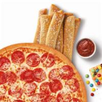 M&M'S® Extramostbestest® Dessert Bundle · ExtraMostBestest® Pepperoni pizza, Crazy Combo® and Cookie Dough Brownie made with M&M'S® MI...