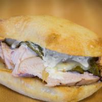 Chicken Poblano · ONE90 smoked chicken breast with poblano peppers, red onions, melted jack cheese, and jalape...