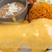 Burrito Favorite · Beef burrito smothered in queso served with rice and beans.