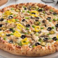 Veggie Pizza · We call this one garden-to-pizza. Our Veggie Pizza is packed with ripe bell peppers, mushroo...