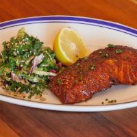 Maple Salmon · sweet soy glazed & broiled to order,. served with miso kale salad