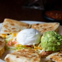 Beef Quesadilla · Three flour tortillas filled with grilled beef fajitas and melted jack cheese, topped with g...