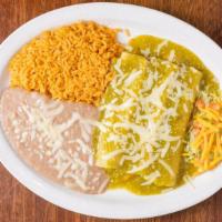 Tomatillo Enchiladas · Your choice of three beef, chicken, or cheese enchiladas topped with tomatillo sauce and mel...