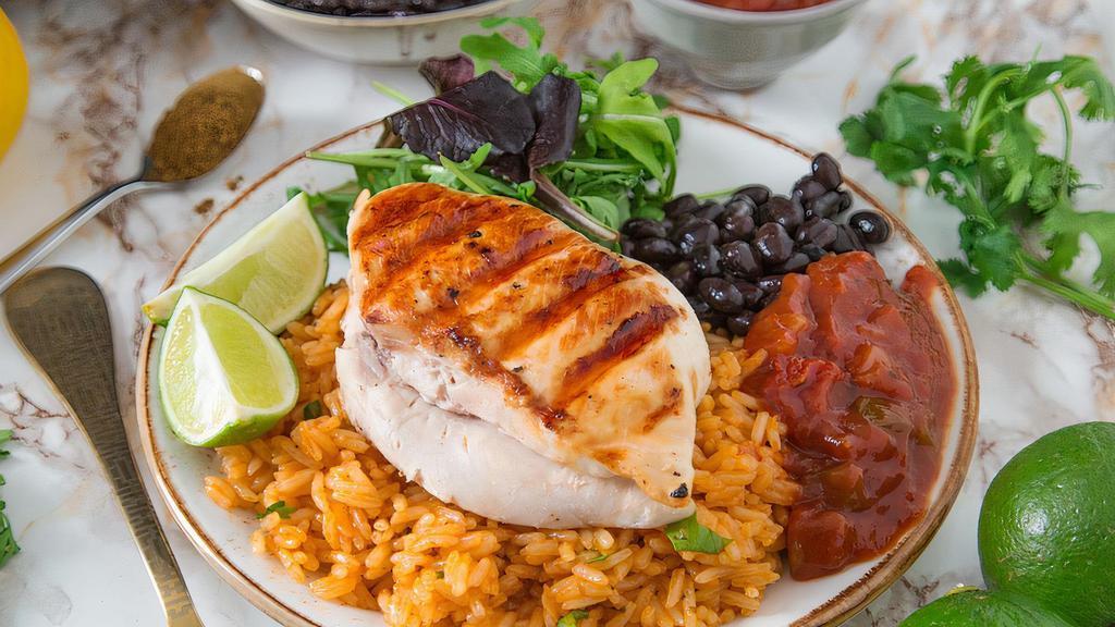 Chipotle Sour Cream Chicken Breast · grilled boneless chicken breast topped with a spicy chipotle sour cream sauce served with rice and beans. Served with tortillas.