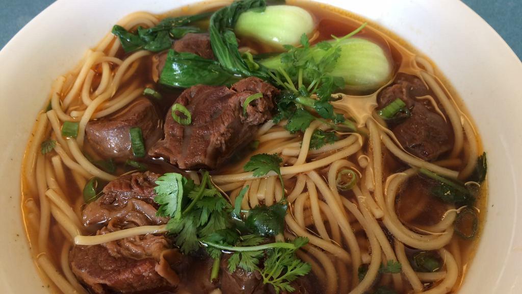 Beef Noodle Soup (Large) · Beef stew, noodles, bok choy, cilantro and pickled mustard.