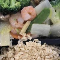 Shrimp With Broccoli · Fresh shrimp, broccoli, carrots, bamboo shoots in white sauce.