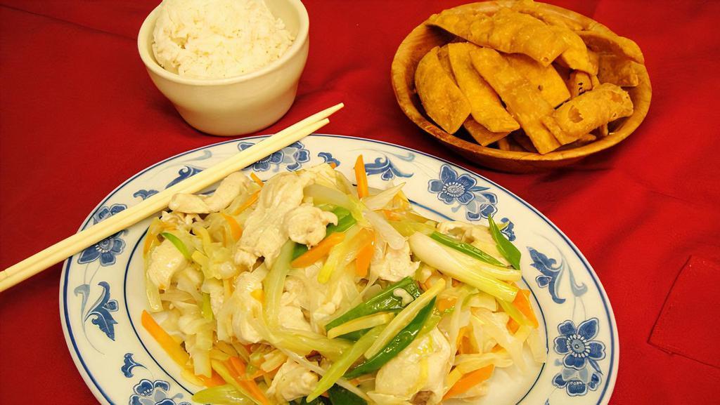 Chicken Chop Suey · Sliced chicken breast, bean sprout, cabbage, celery, carrots, bamboo shoot and onions in white sauce