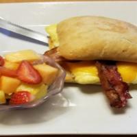 Last-Minute Egg Sandwich · Scrambled eggs and cheese with choice of ham, bacon or sausage on ciabatta bread, with potato.