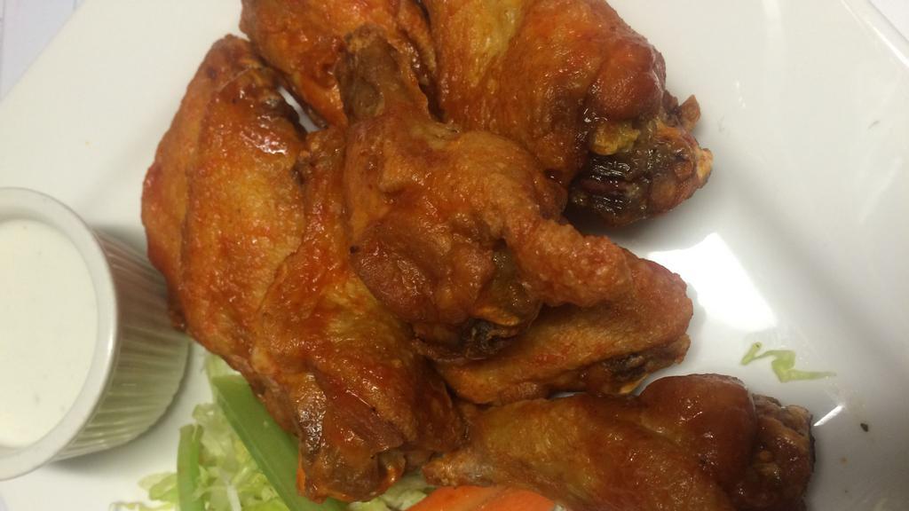 Buffalo Wings (8 Wings) · Mild or hot with blue cheese or ranch dressing.