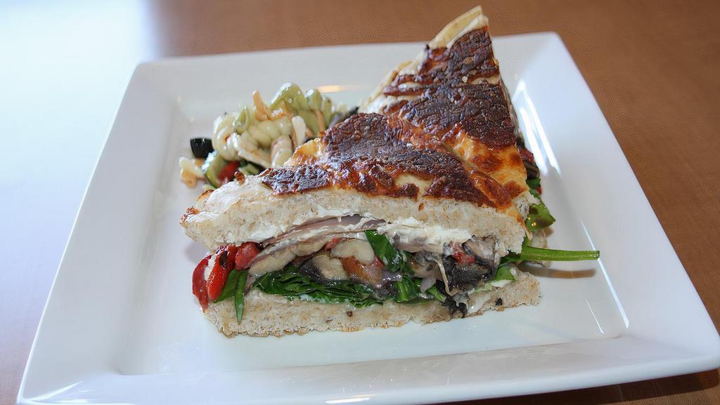 Portobella Sandwich · Red onions, roasted red bell pepper, goat cheese, spinach and basil mayo on our focaccia bread.
