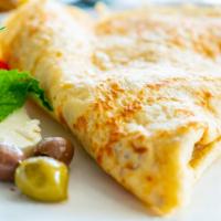 The Four Cheese Crepe (Vegetarian) · Brie cheese, cheddar, provolone, mozzarella.
Breakfast side: fresh tomato slice, fresh mozza...