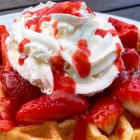 Strawberry Cream Waffle · Fresh Strawberry fruits, Strawberry fruits sauce, Pastry whipped cream.