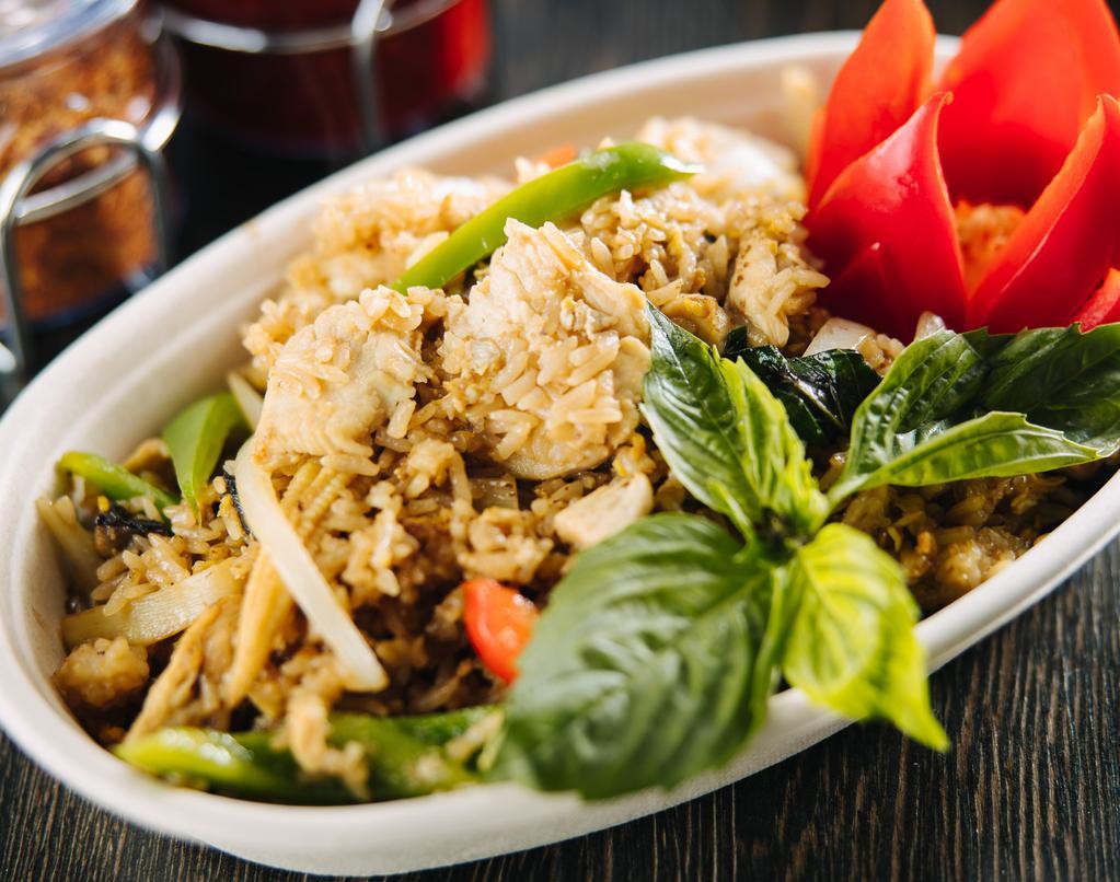 Basil Fried Rice · Egg, bamboo shoots, baby corn, mushrooms, bell peppers, white onions, basil, garlic