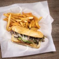 Philly Cheesesteak Sandwich · Shaved sirloin, grilled onion, green bell pepper and mushrooms topped with provolone cheese.